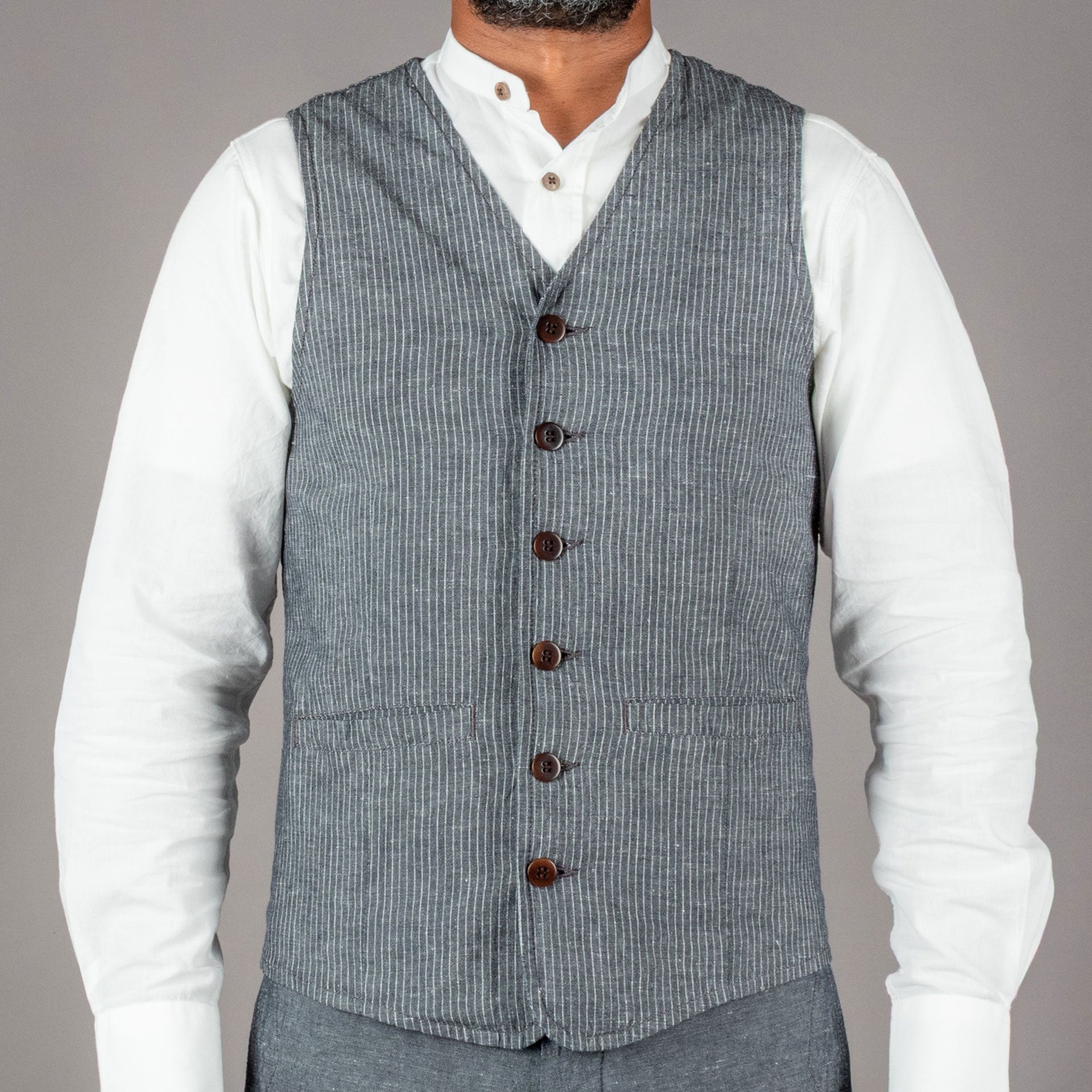 Pike Brothers1905 Hauler Vest Grey Striped LinenGiletsBritish Parts Luzern